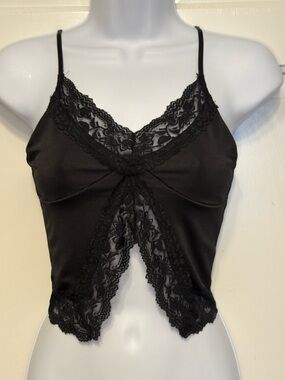 Missguided + Black Satin Lace-Trim V-Neck Cami Top